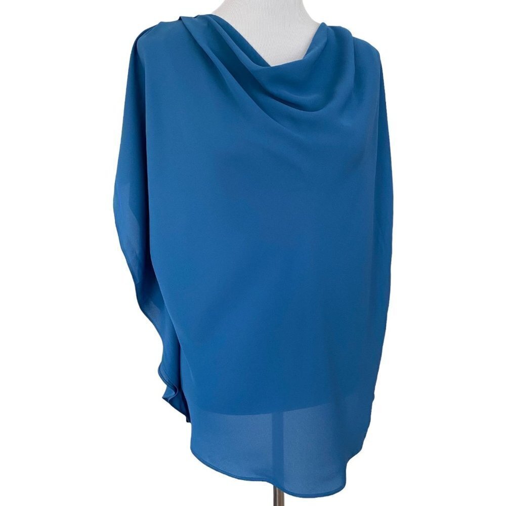 H Haltson Blue Poly-Chiffon Asymmetric Flutter Sleeve Blouse Top Women's Large